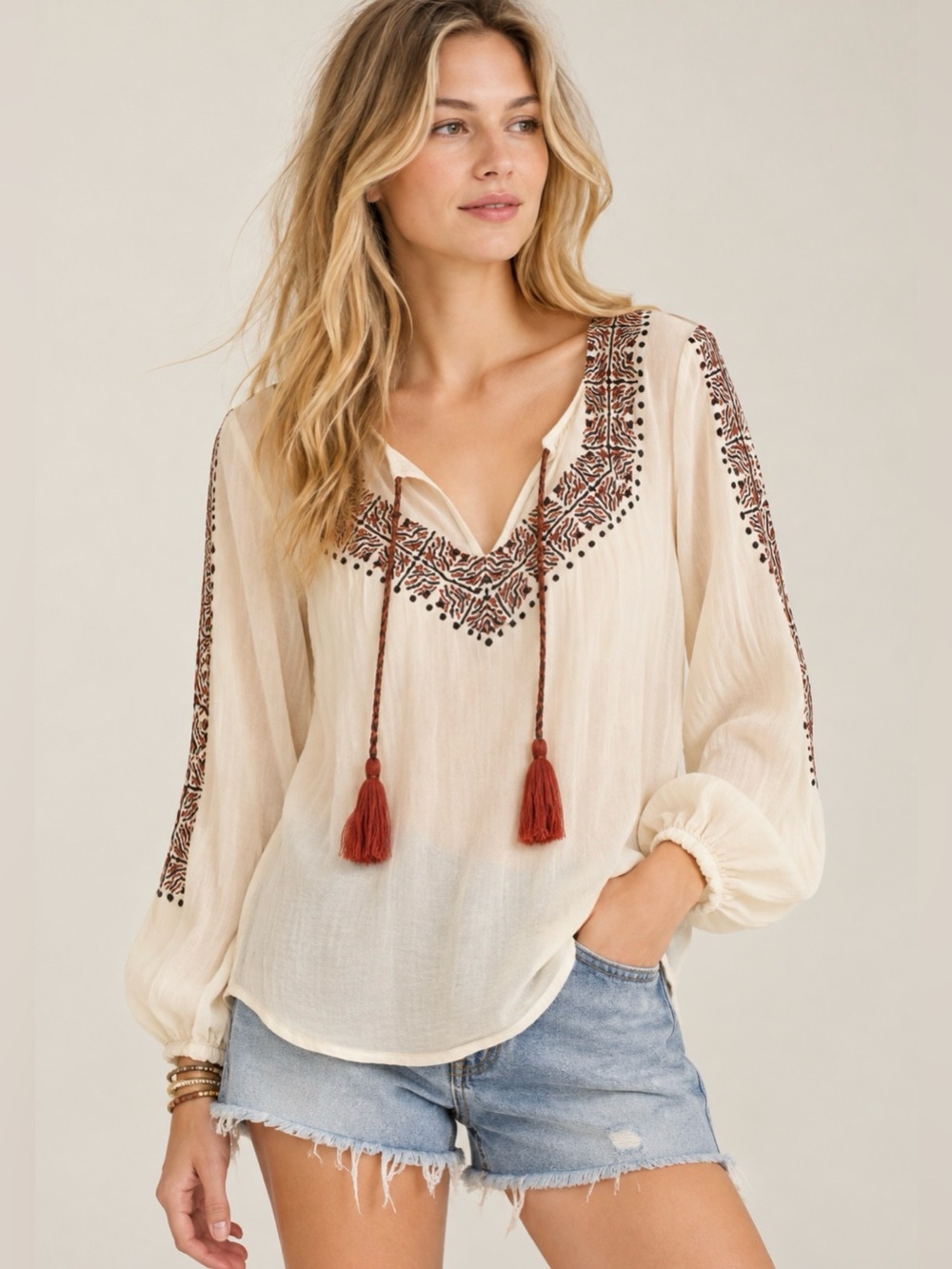 Anthropologie ivory boho sheer tassel blouse balloon sleeves size medium